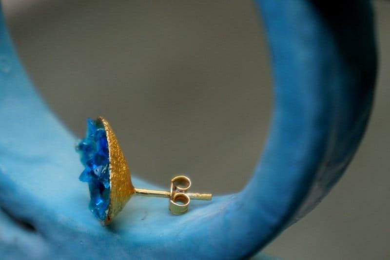 Turquoise Murano Glass Earrings, Silver Shell Studs (Handmade)-4