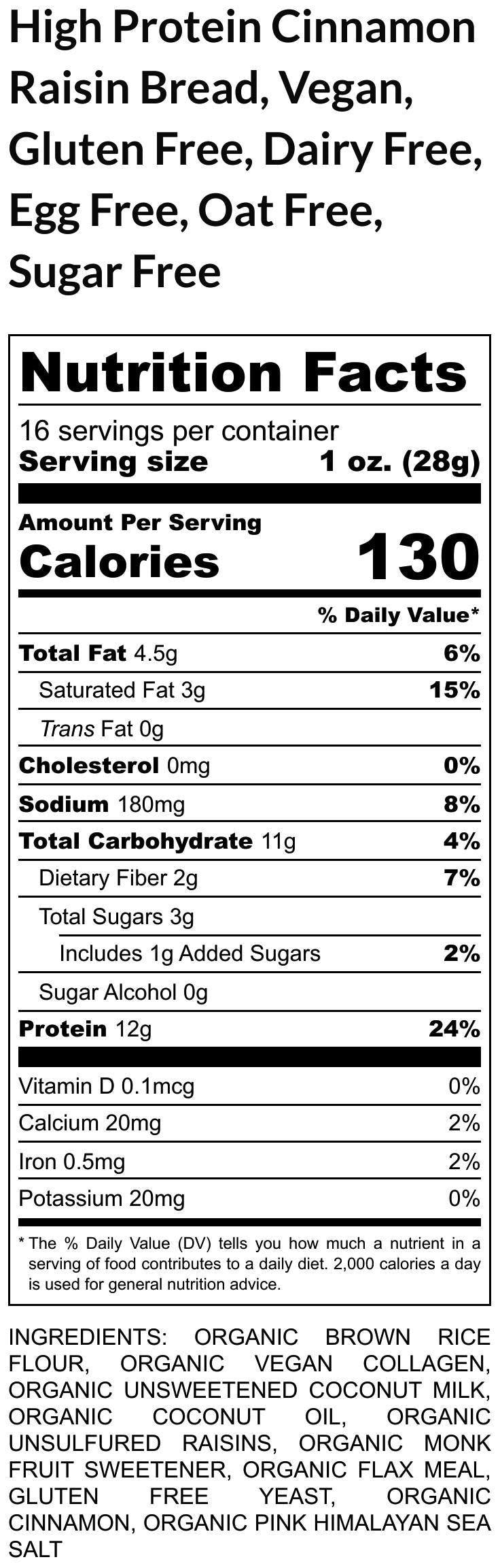 Gluten Free Protein Cinnamon Raisin Bread, Dairy Free, Nut Free, Vegan, Sugar Free Fitness Snack, Clean Eating Breakfast, Graduation Brunch