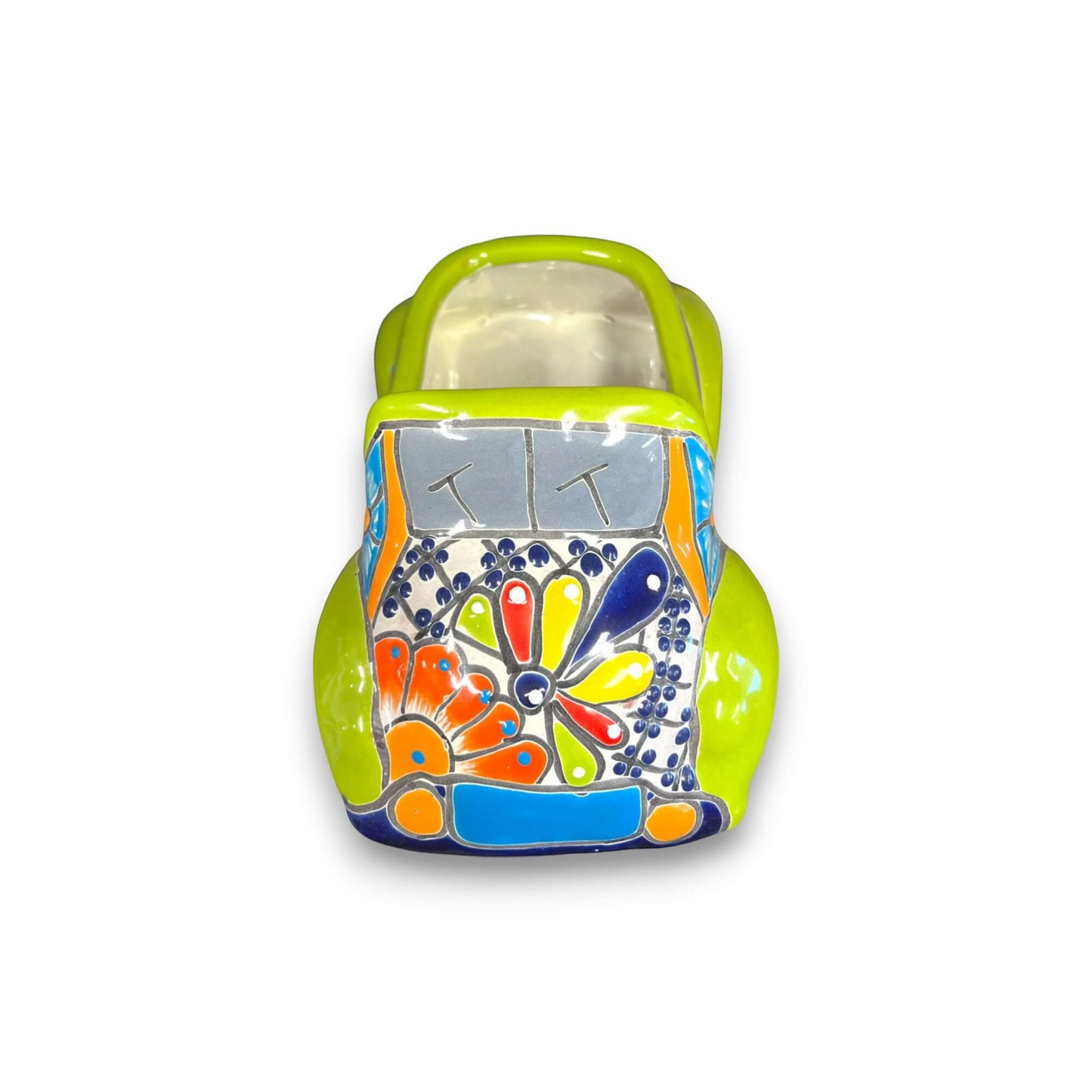 Colorful Hand-Painted Talavera Car Planter | Small Ceramic Car Statue