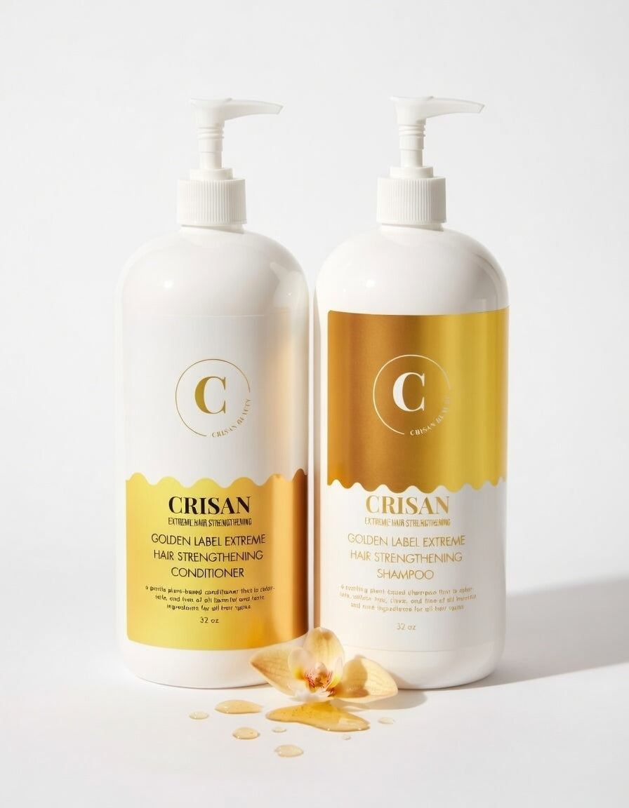 Two bottles of Crisan shampoo and conditioner on a white background