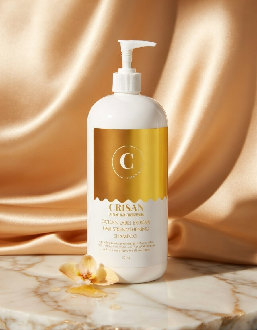 Crisan shampoo bottle with gold label on a marble surface with draped fabric background