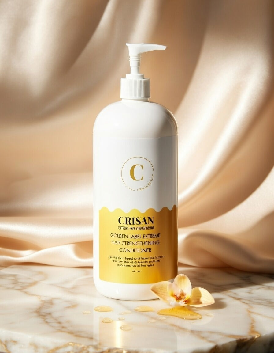CRISAN hair conditioner bottle on a marble surface with a beige fabric background