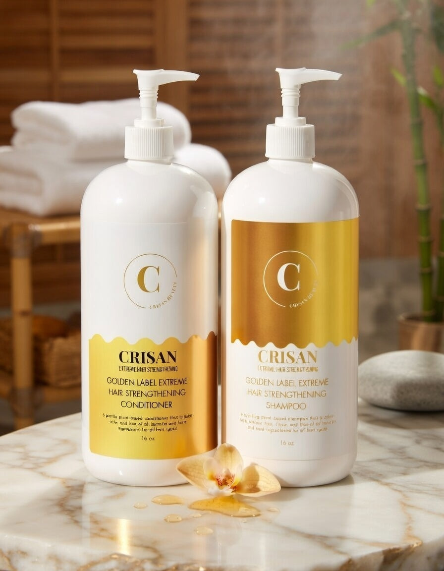 Two bottles of Crisan shampoo and conditioner on a marble surface with a blurred background.