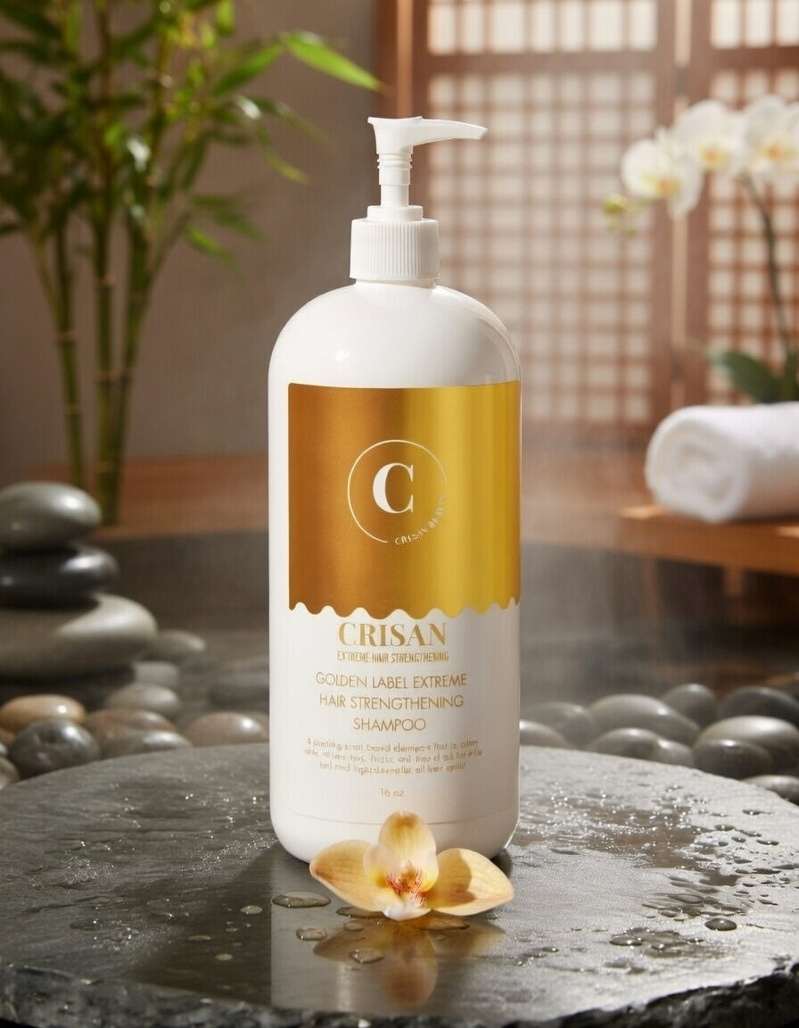 Crisan shampoo bottle on a stone surface with a blurred background