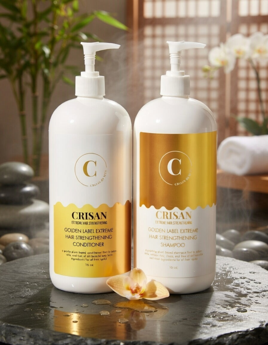 Two white pump bottles of CRISAN hair strengthening products, Golden Label Extreme Hair Strengthening Conditioner and Shampoo, displayed on a wet dark surface with a small yellow orchid flower in the foreground and a blurred spa-like background.