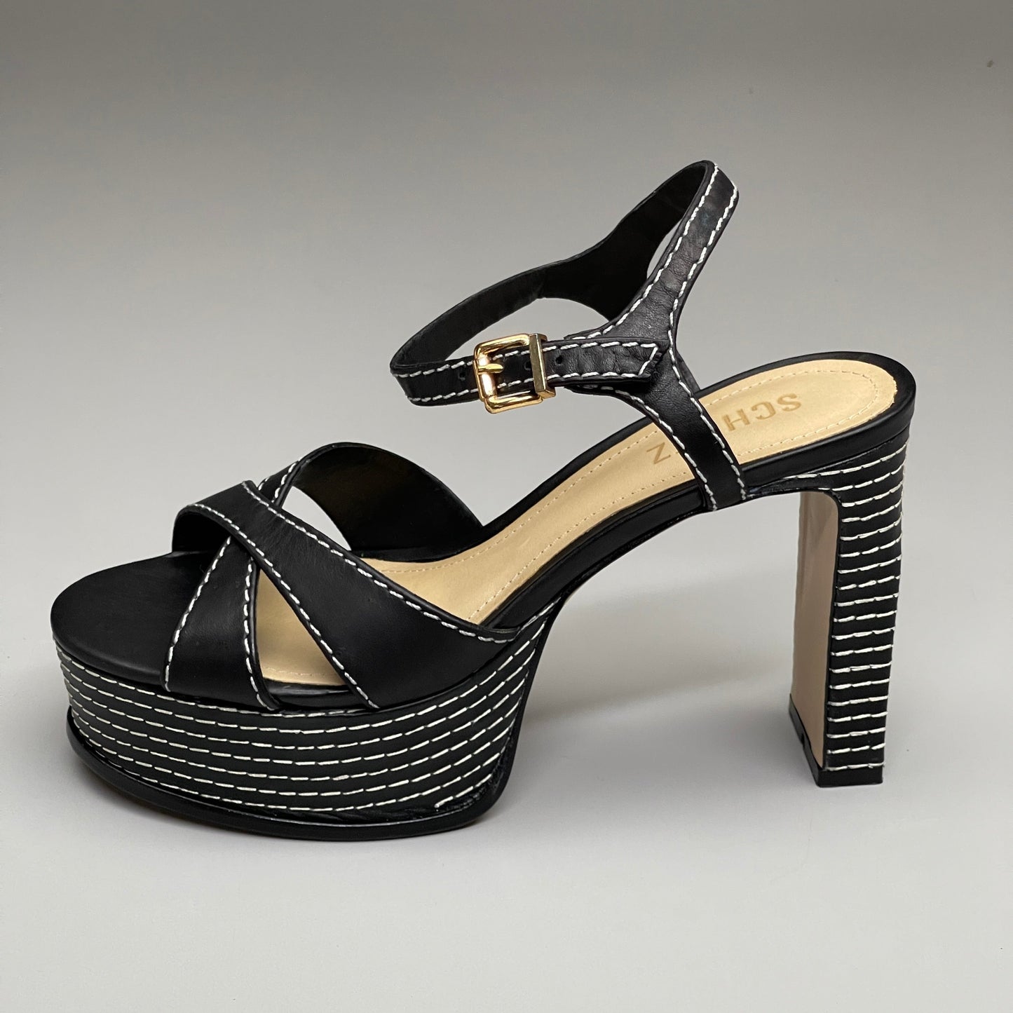 SCHUTZ Keefa Casual Women's Leather Sandal Black Platform 4" Heel Shoes Sz 10.5B (New)
