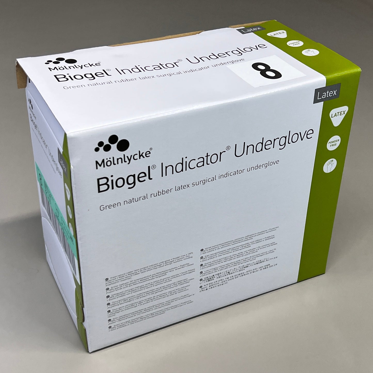 MOLNLYCKE Biogel Latex Surgical Indicator Underglove SZ 8 Green 50 Pairs 31280 (New)