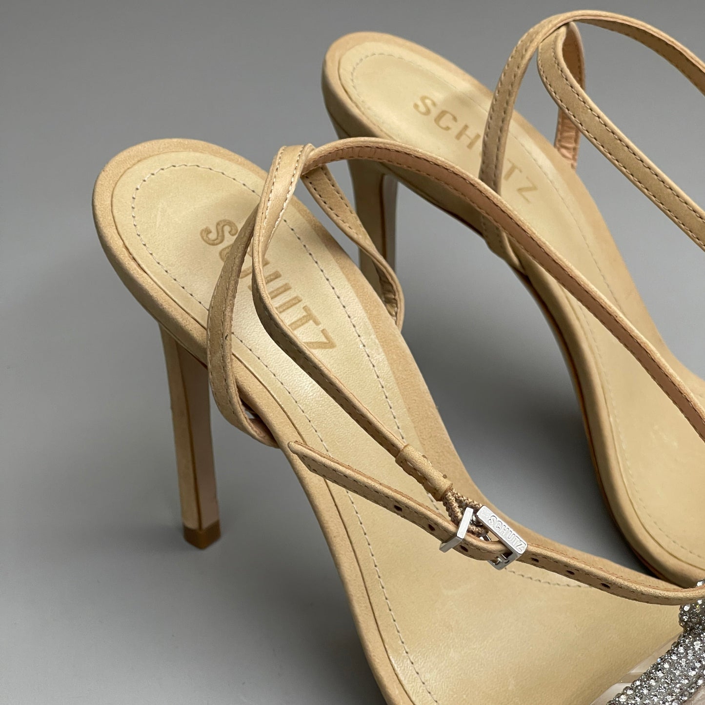 SCHUTZ Peaky Nubuck & Vinyl Multimaterial Women's Sandal Heel Light Nude Sz 8B (New)