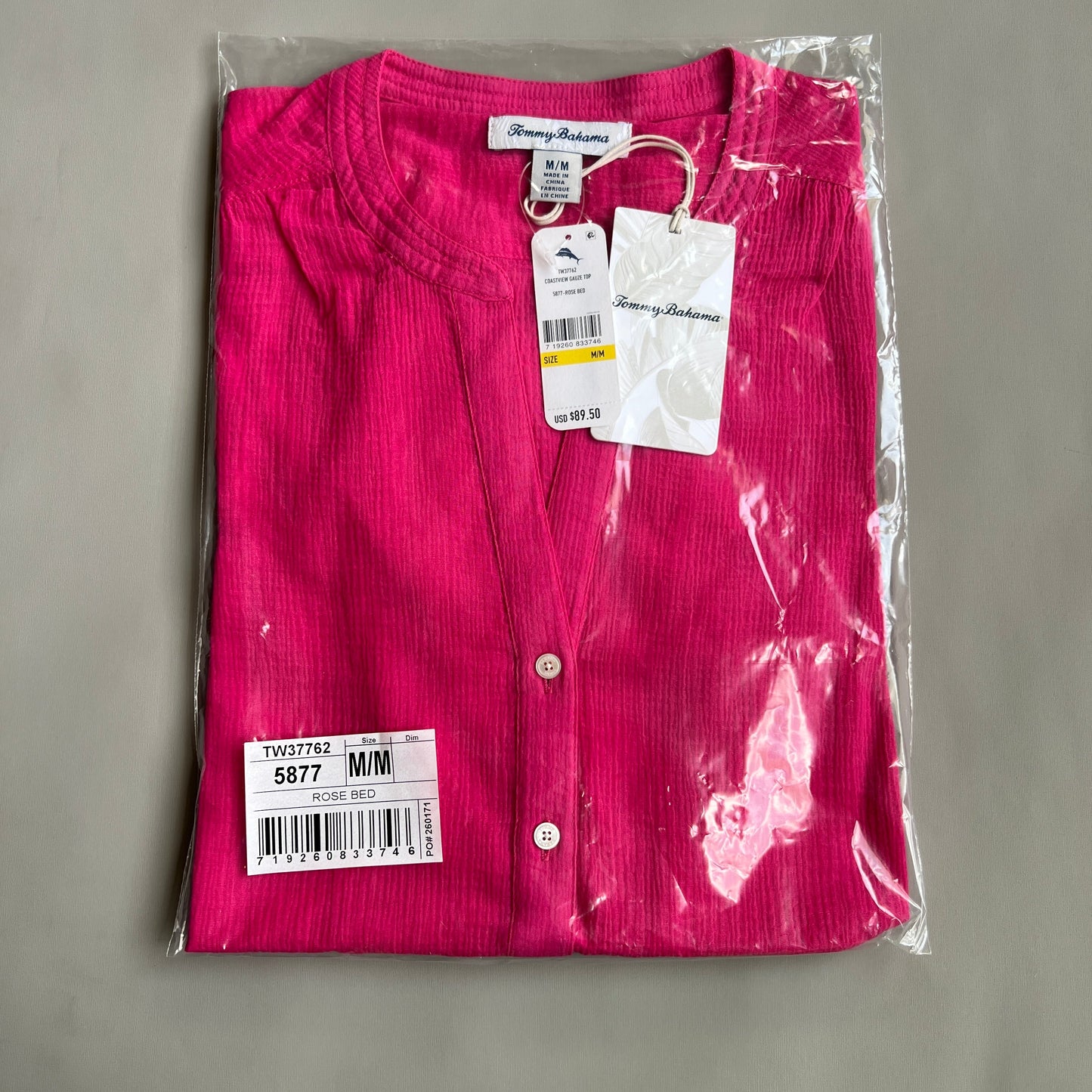 TOMMY BAHAMA Women's Coastview Gauze Top 3/4 Sleeve Rose Bed Size M (New)