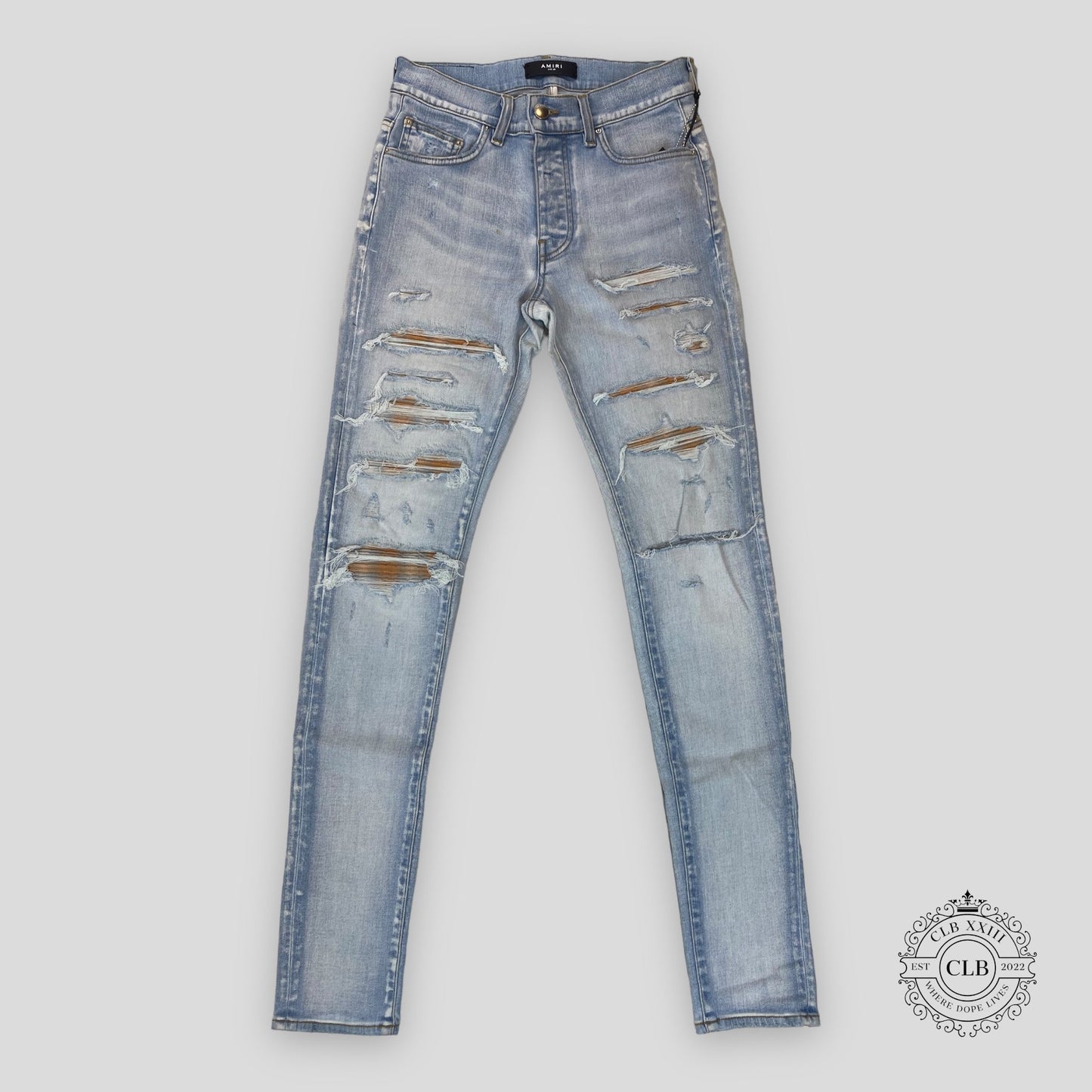 AMIRI PLAID THRASHER JEANS - LIGHT INDIGO/PEACH