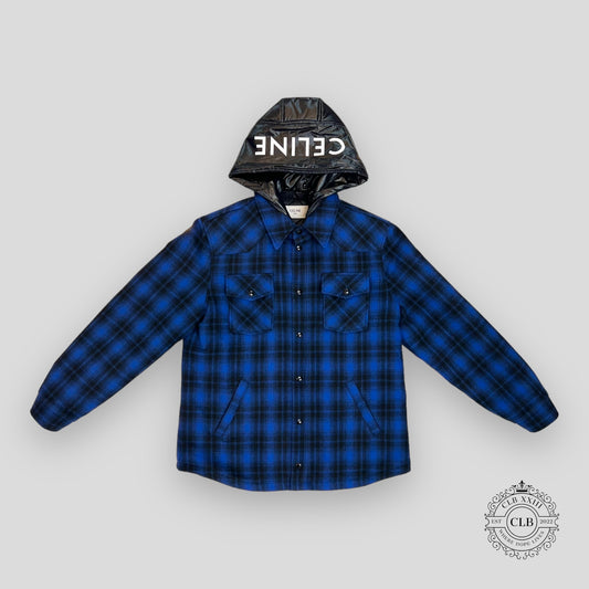 Celine Homme Logo Nylon Trim Flannel Hooded Overshirt in Blue