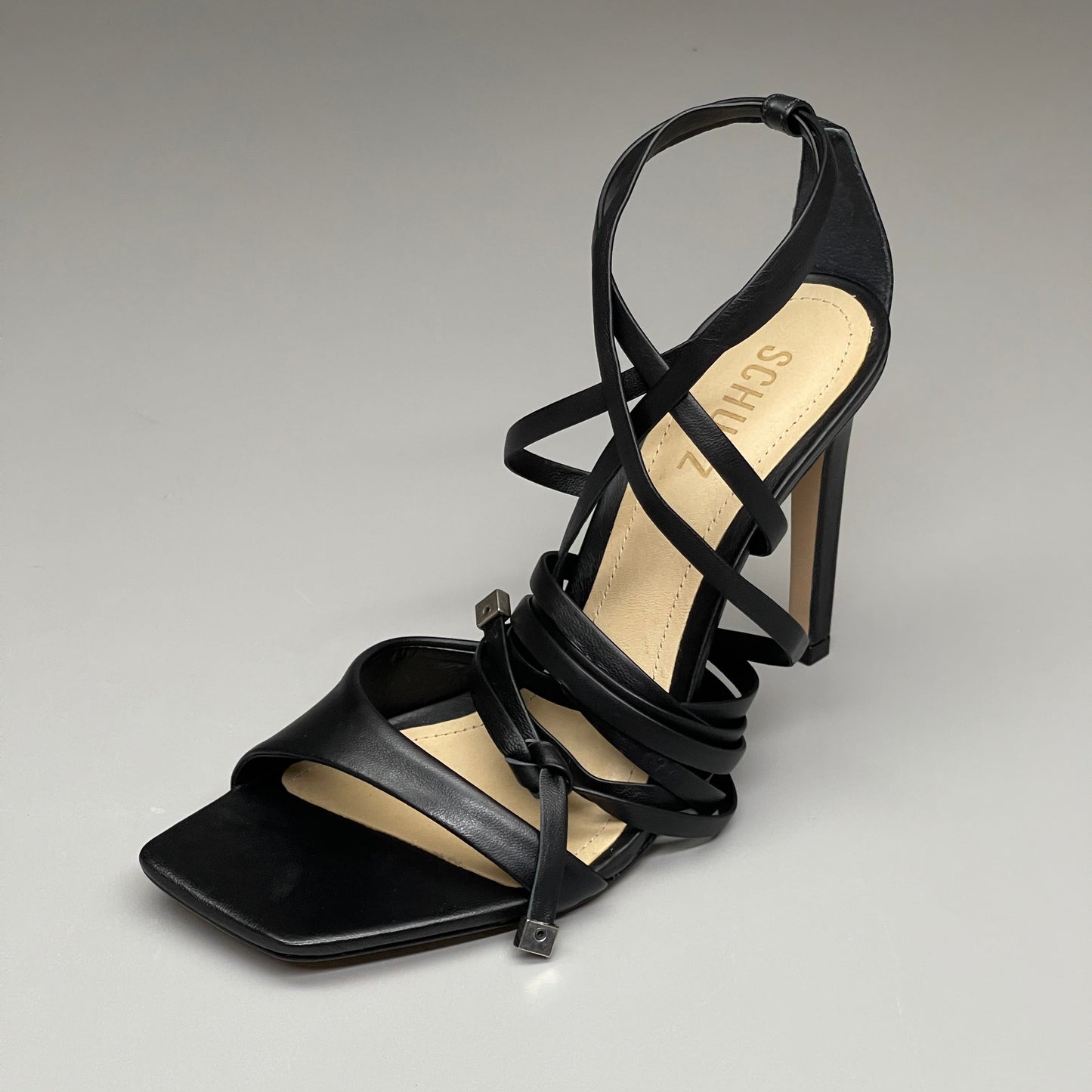SCHUTZ Bryce Ankle Tie Women's Leather High Heel Strappy Sandal Black Sz 6.5B (New)