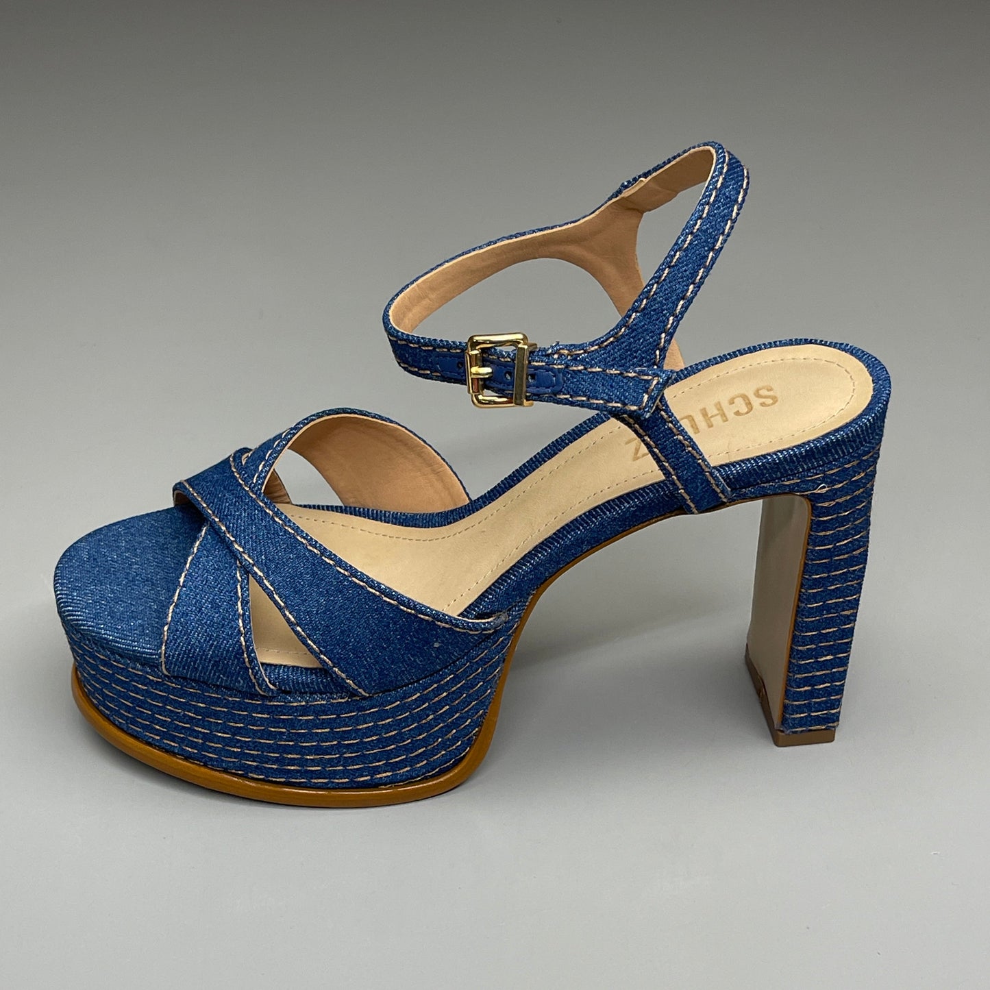 SCHUTZ Keefa Casual Denim Women's 4" Heeled Sandal Platform Blue Sz 9.5B (New)