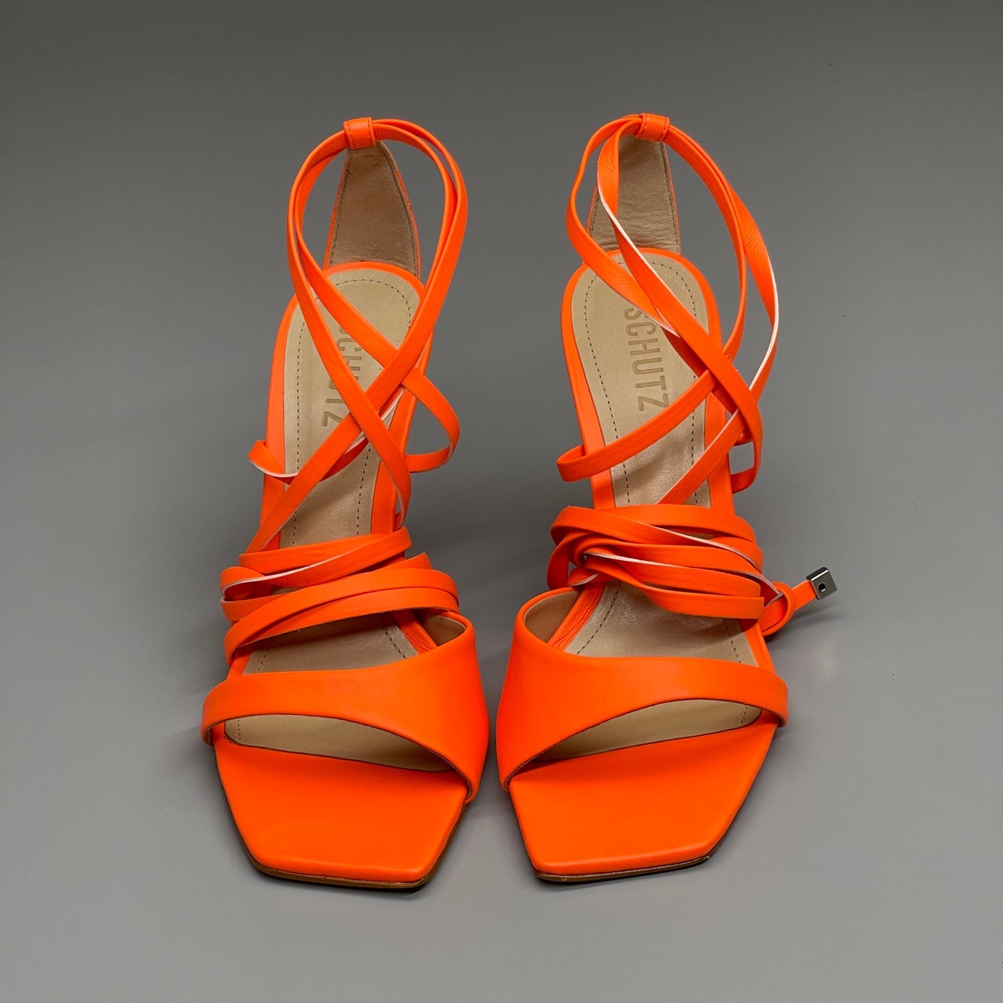 SCHUTZ Bryce Ankle Tie Women's High Heel Leather Strappy Sandal Acid Orange Sz 9 (New)