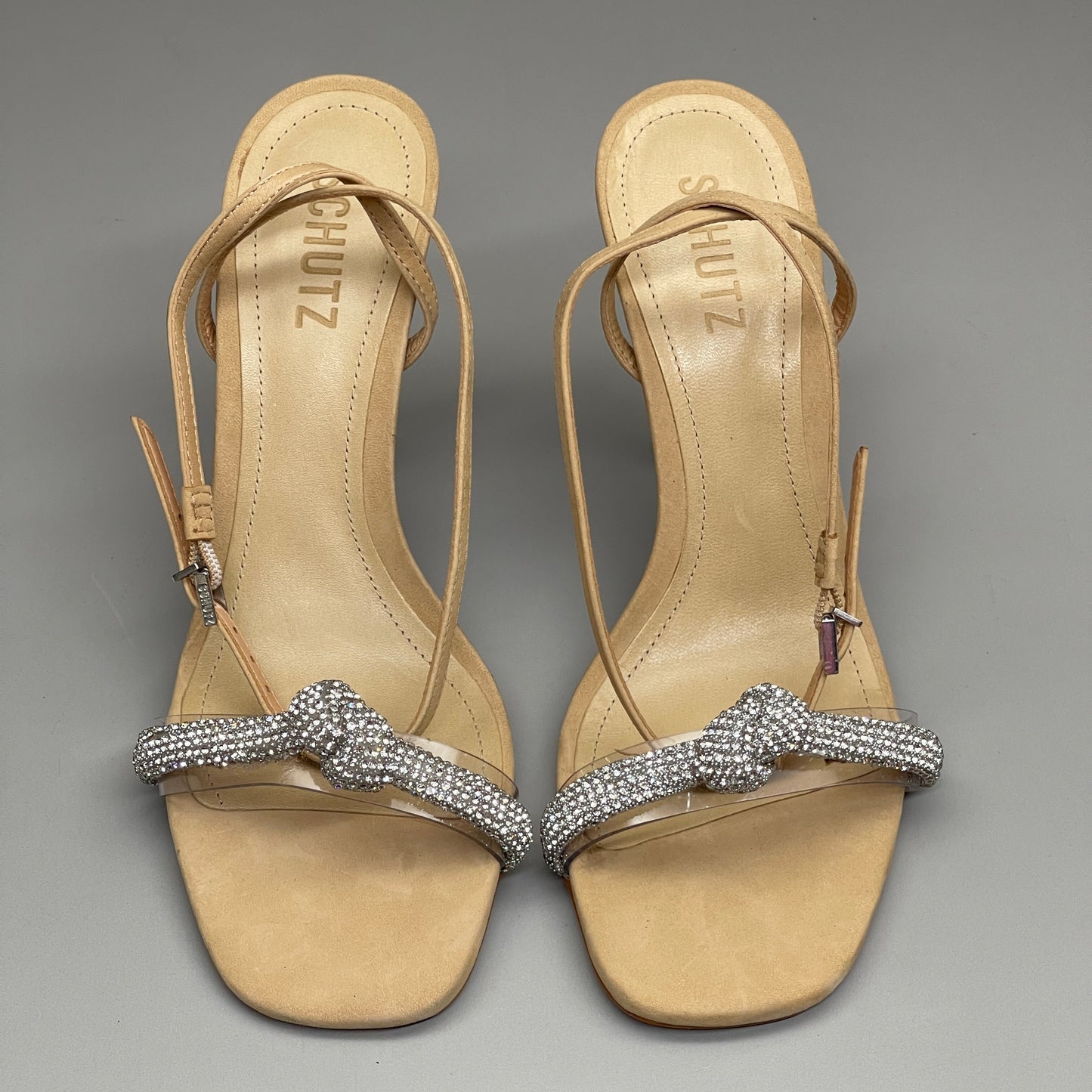 SCHUTZ Peaky Nubuck & Vinyl Multimaterial Women's Sandal Heel Light Nude Sz 8B (New)
