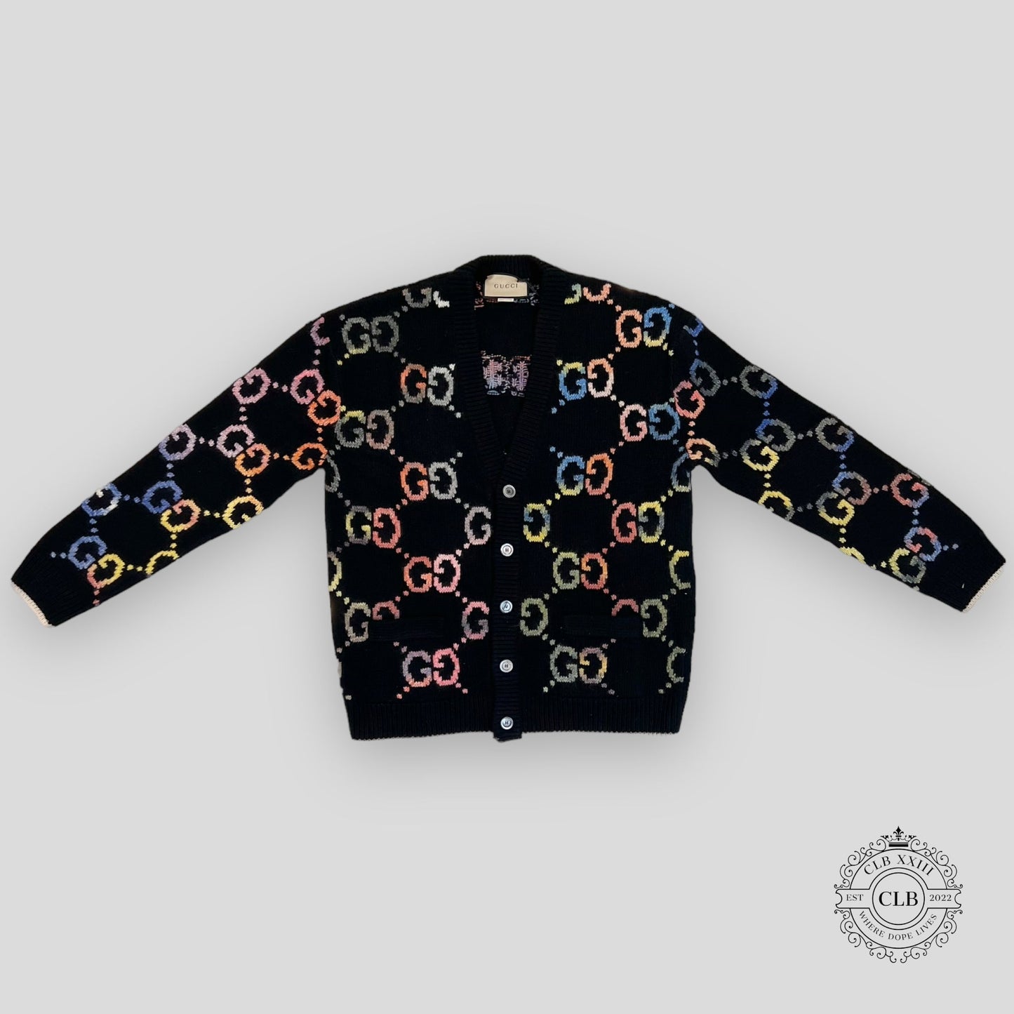 GUCCI GG MOTIF KNIT CARDIGAN - BLACK/MULTICOLOR