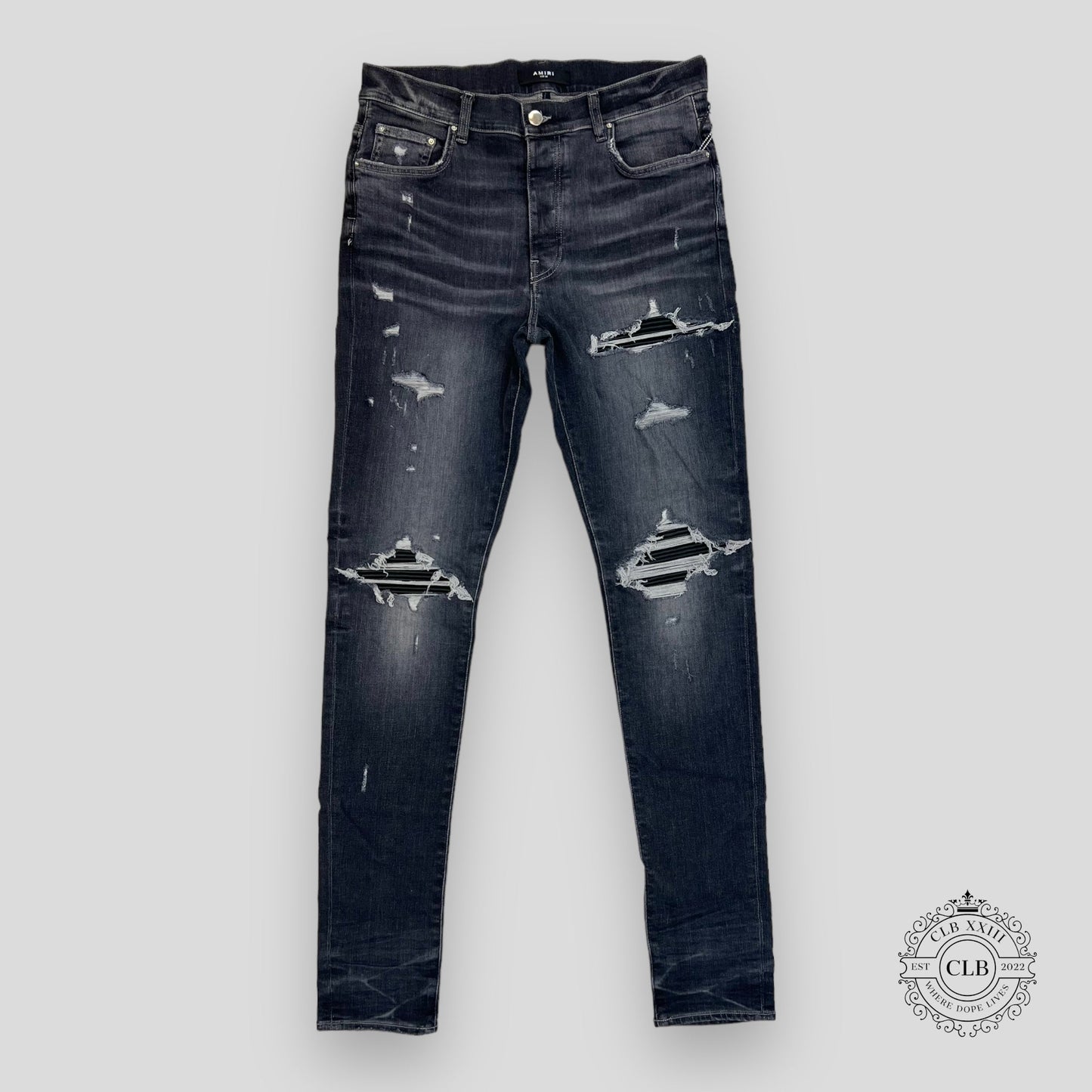 AMIRI MX1 BLACK LEATHER PATCH JEANS - GREY