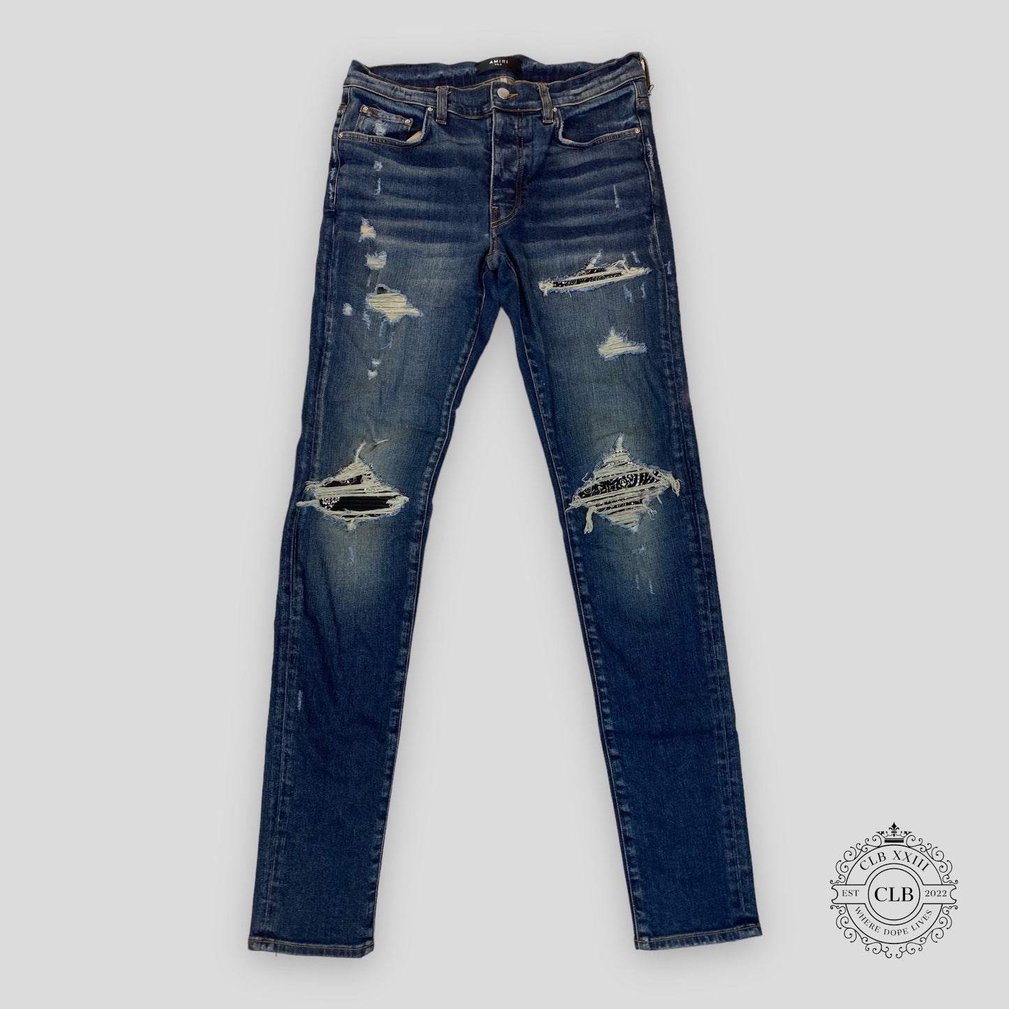 Amiri MX1 Black Bandana Patch Jeans in Deep Classic Indigo