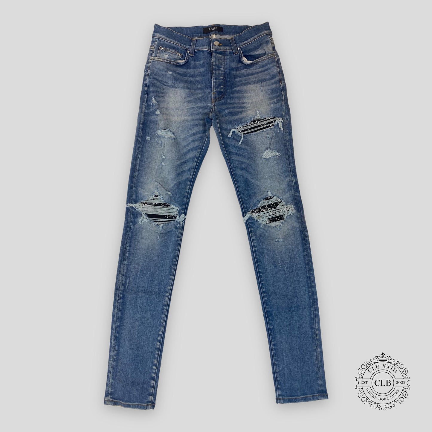 Amiri MX1 Black Bandana Patch Jeans in Indigo