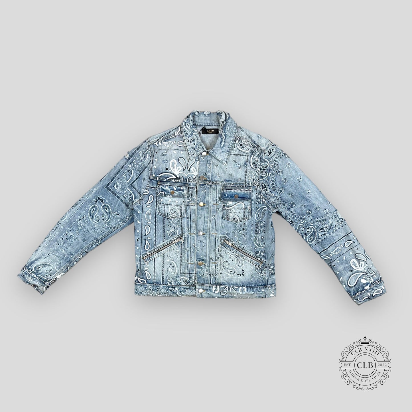 AMIRI SCREEN PRINT BANDANA TRUCKER JACKET CLAY INDIGO