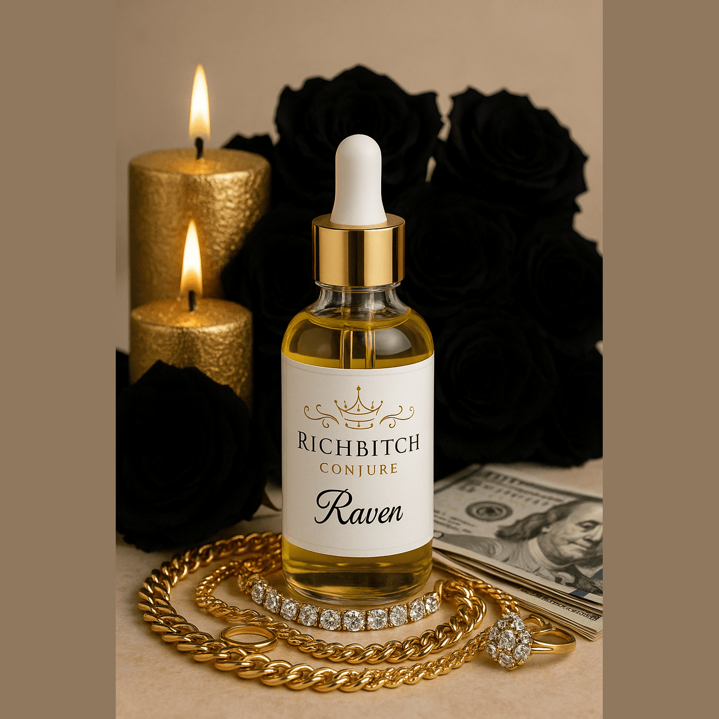 Bottle of 'Richbitch Conjure Raven' with candles, money, and jewelry on a table. Raven Hoodoo Conjure Oil for Intuition, Manifestation, & Spiritual Power Ritual Oil
