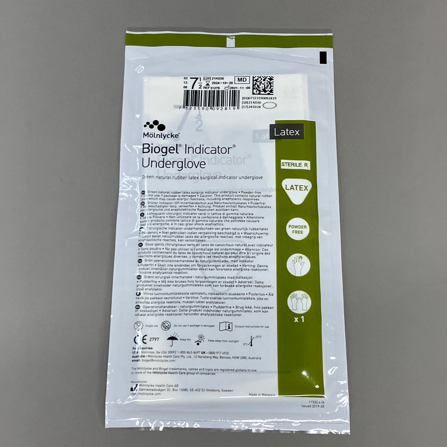 MOLNLYCKE Biogel Latex Surgical Indicator Underglove SZ 7.5 Green 50 Pairs 31275 (New)