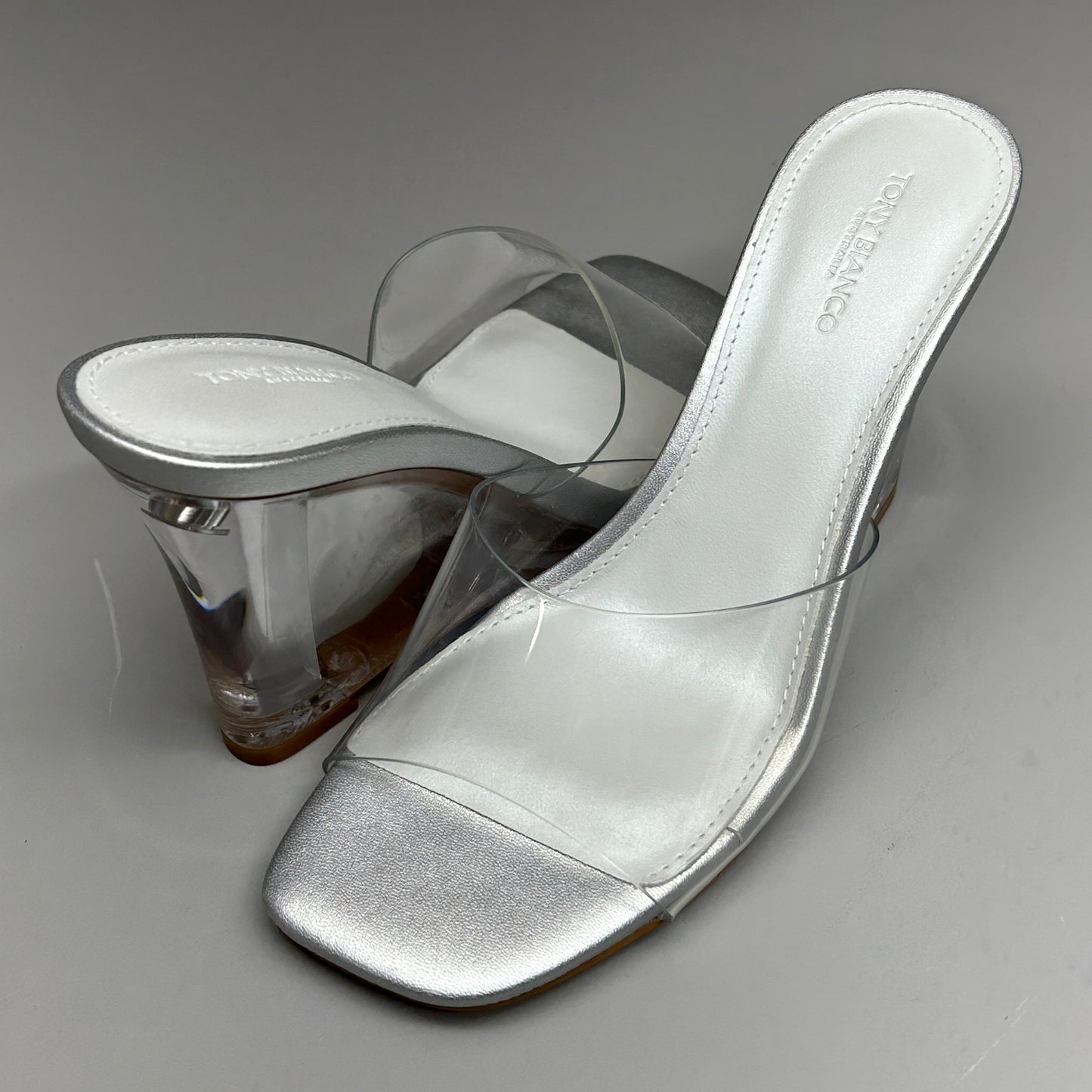 TONY BIANCO Alessi Clear Vinylite/Silver Wedges Women's Heels Sz 6 (New)