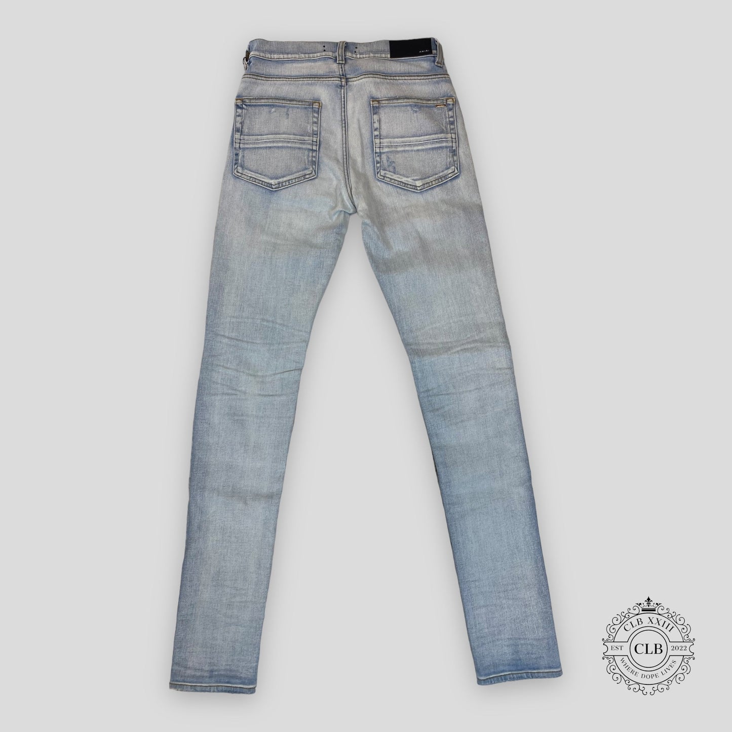 AMIRI PLAID THRASHER JEANS - LIGHT INDIGO/PEACH