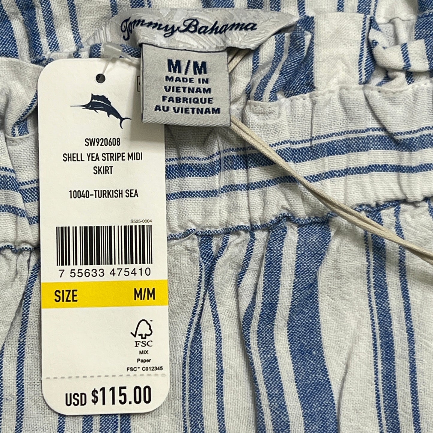 TOMMY BAHAMA Women's Shell Yea Stripe Midi Skirt Turkish Sea Size M (New)