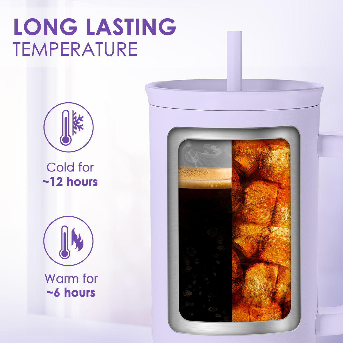 lavender tumbler with a drink and ice cubes, showing temperature retention capabilities on a white background. Long lasting temperature tumbler, cold for up to 12 hours. Warm for up to 6 hours. 