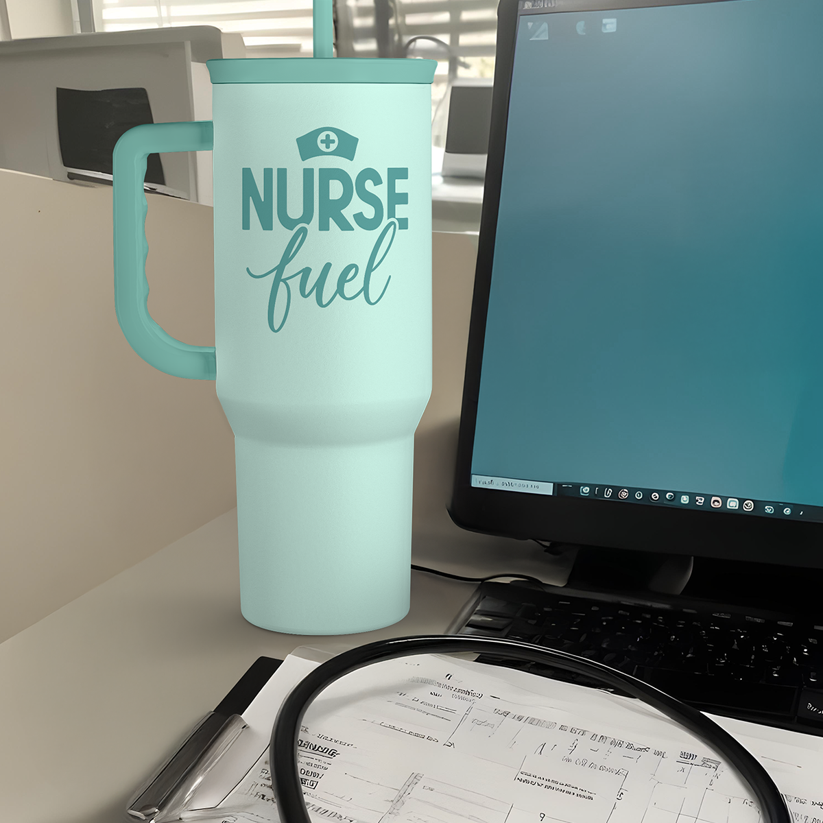 Nurse Gift Tumbler 40oz with Handle and Straw - Nurse Fuel Insulated Stainless Steel Travel Coffee for Nurses Nursing Friend Student - Gifts for Nurse Week, Appreciation, Birthday, Christmas