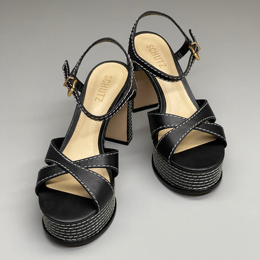 SCHUTZ Keefa Casual Women's Leather Sandal Black Platform 4" Heel Shoes Sz 8.5B