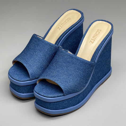 SCHUTZ Dalle Denim Women's Wedge Sandal Blue Platform Shoe Sz 9.5B (New)
