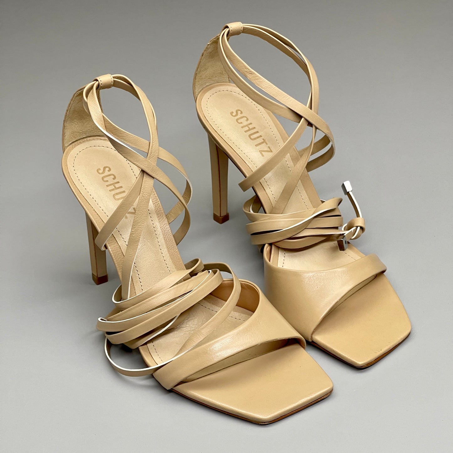SCHUTZ Bryce Ankle Tie Women's Leather High Heel Sandal Light Nude Sz 6B (New)