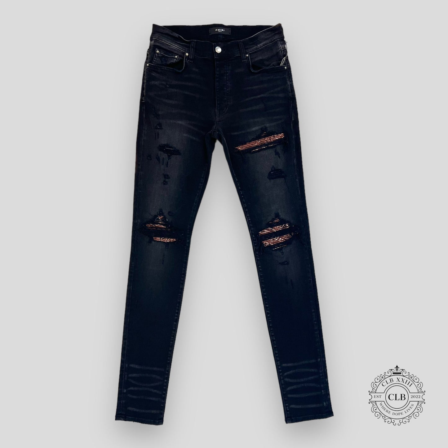 AMIRI MX1 BROWN BANDANA PATCH JEANS - AGED BLACK