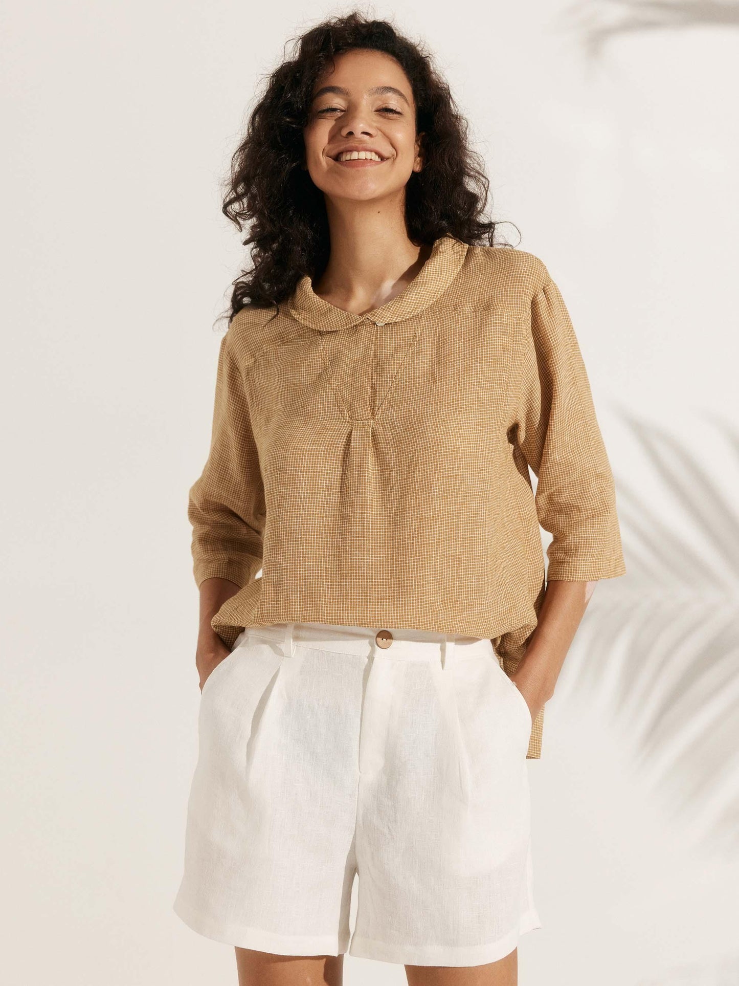 100% Linen V-Neck Half Sleeve Top JADE