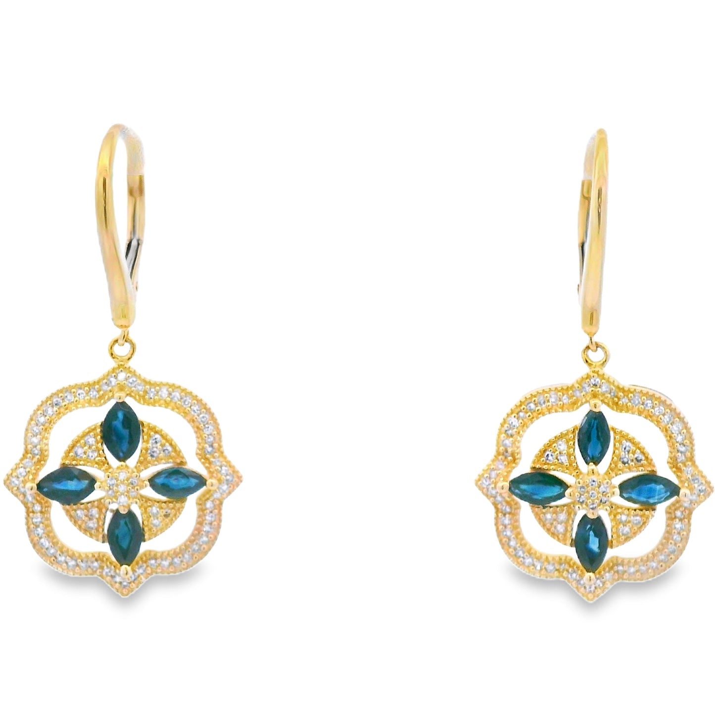 Sapphire Diamond Dangle Earrings 14KT Yellow Gold