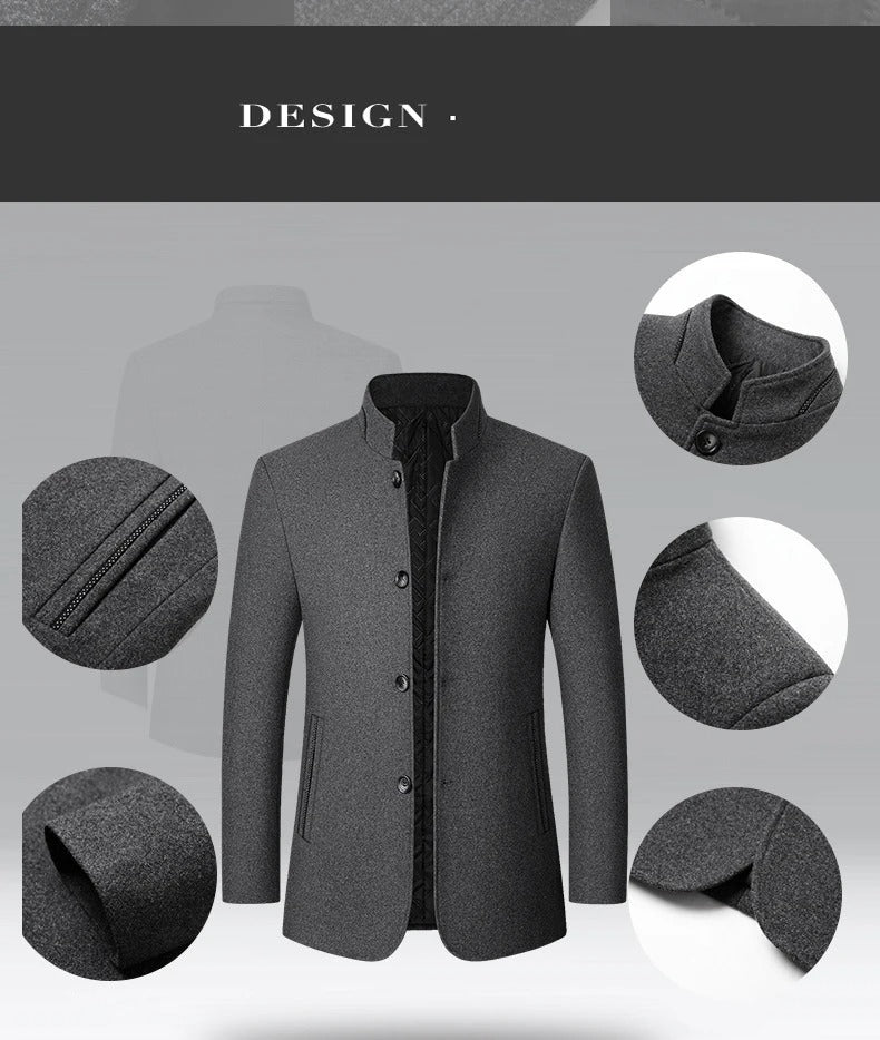 Mens Winter Wool Coat Stand Collar Business Jacket (Gray)-3