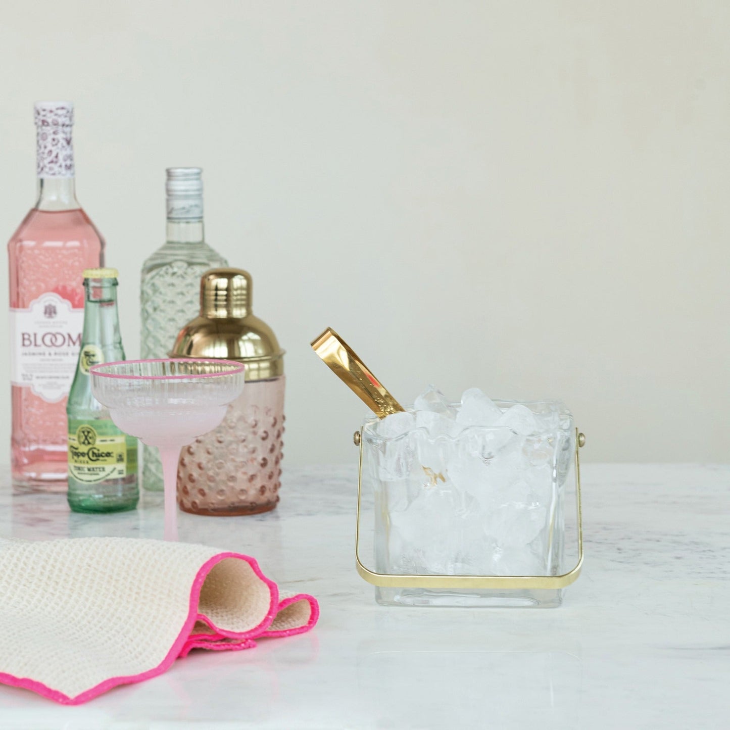 Textured Glass Ice Bucket with Gold Handle & Tongs
