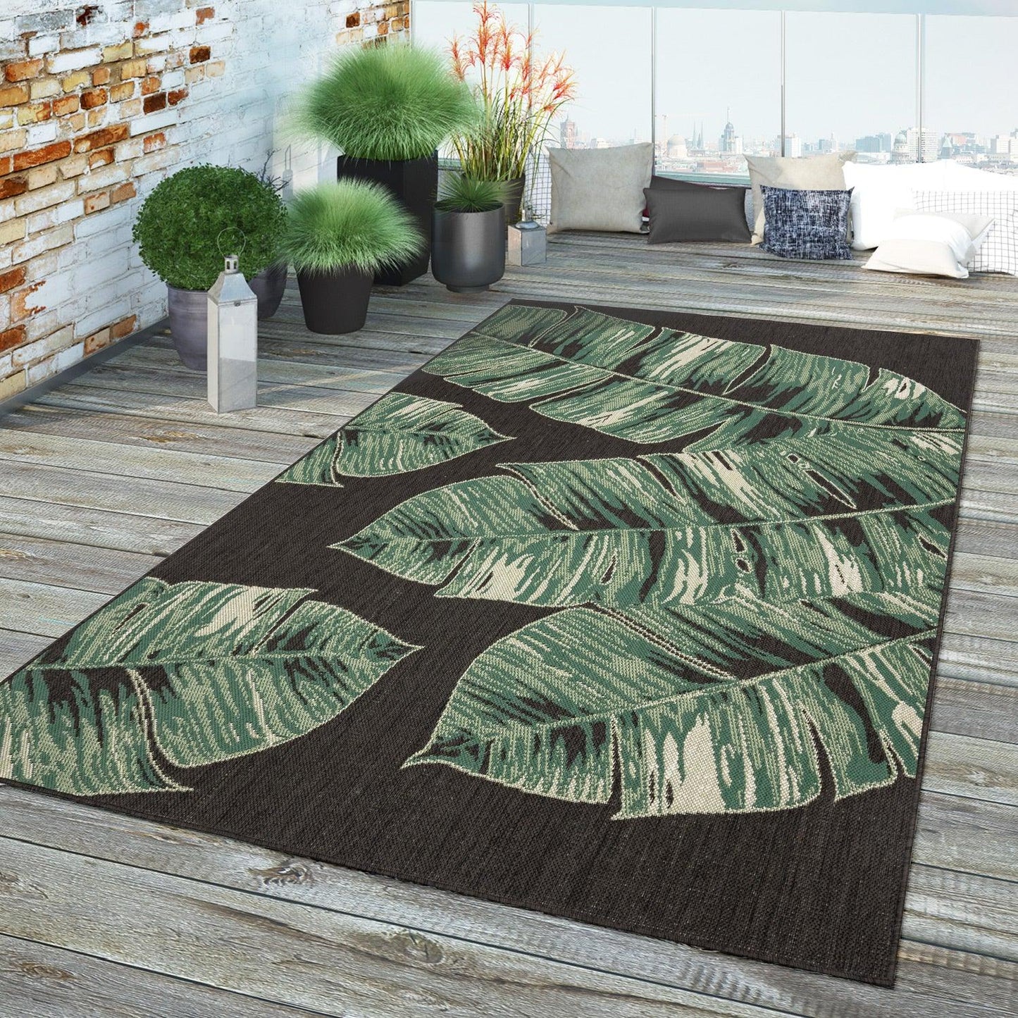 In- & Outdoor Rug Ostende Jungle Leaves - Black Green-1