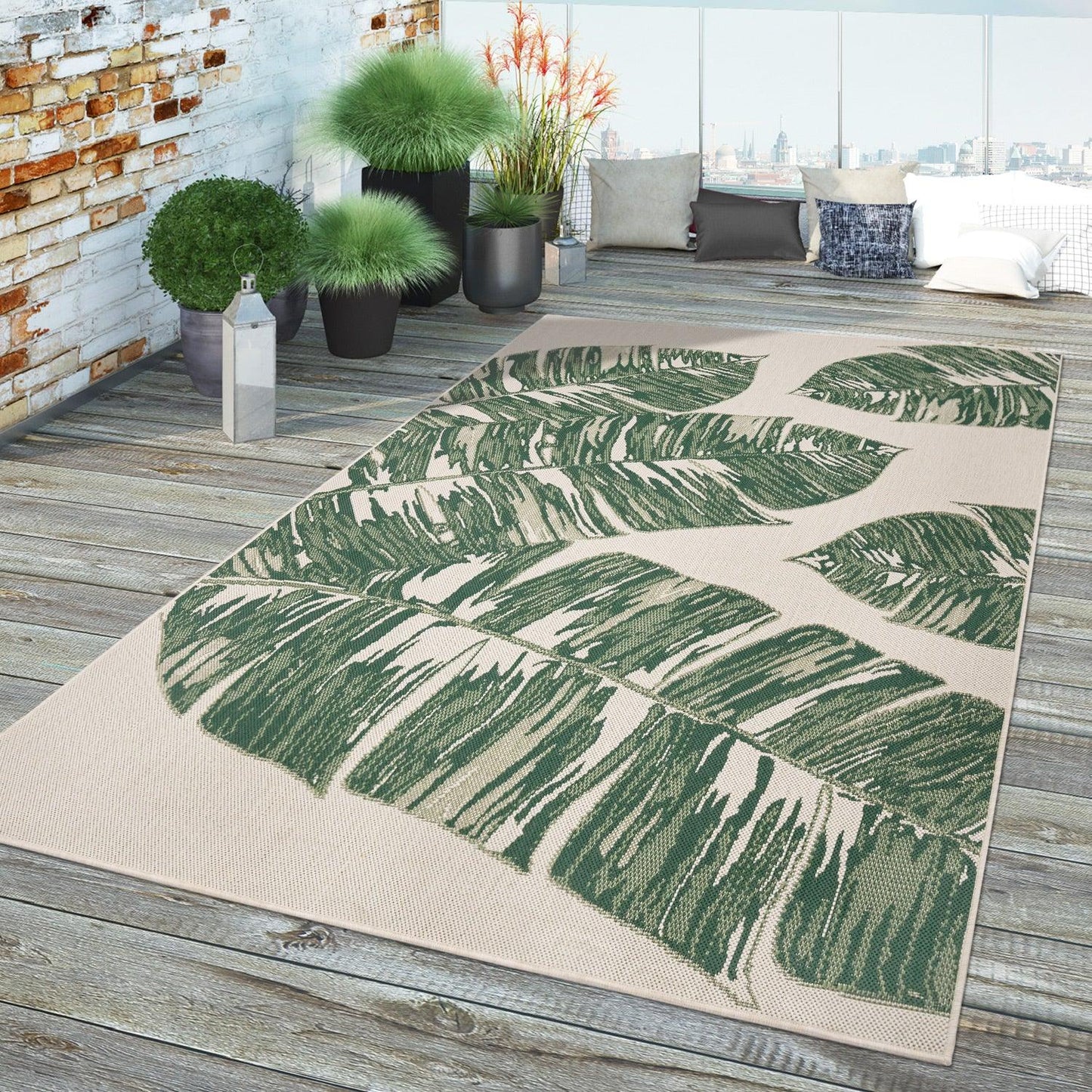 In- & Outdoor Rug Ostende Jungle Leaves - Cream Green-1