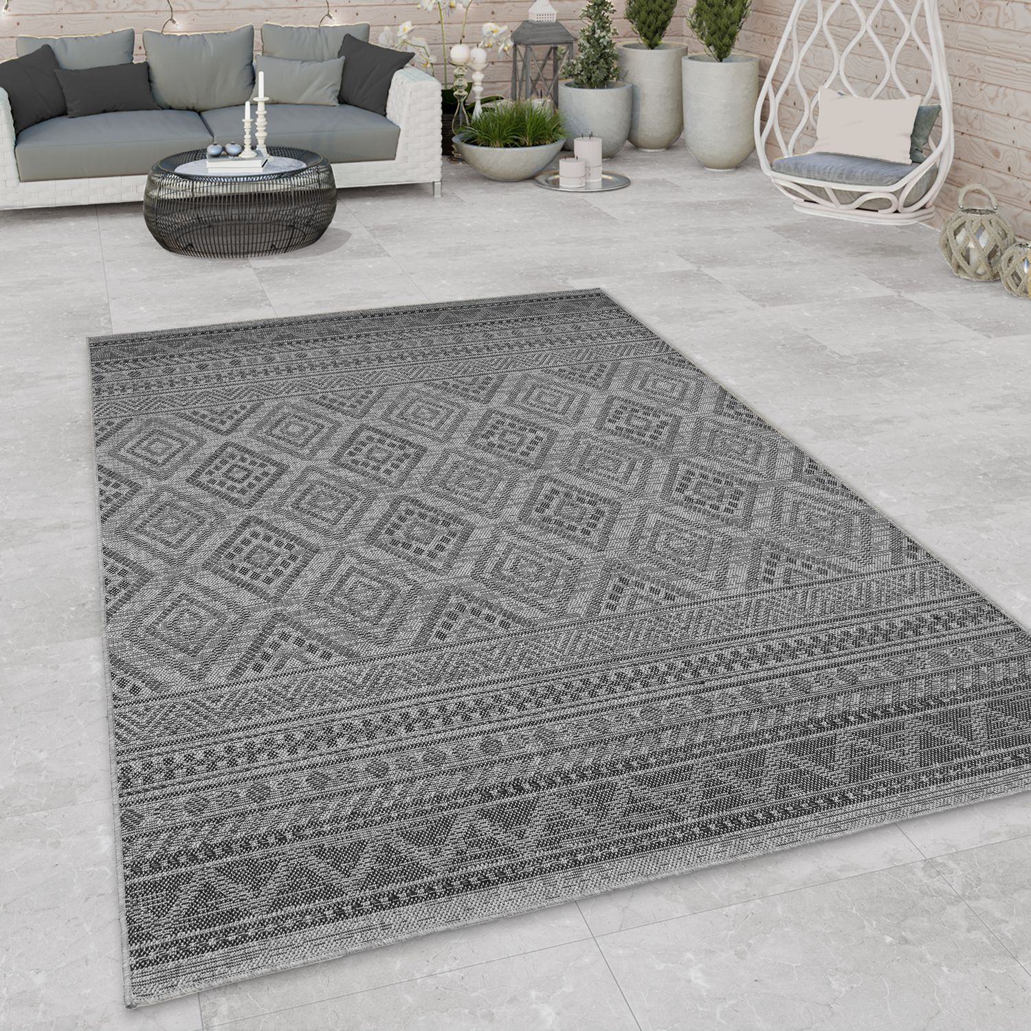Outdoor Rug Vermont Boho Diamond Pattern - Dark Grey-0