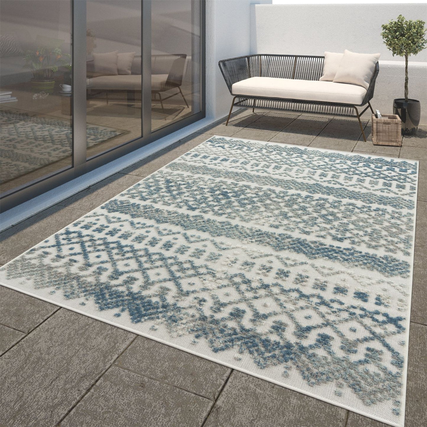 In- & Outdoor Rug Marrakesh High/Low Effect Trellis in Turquoise Cream-0