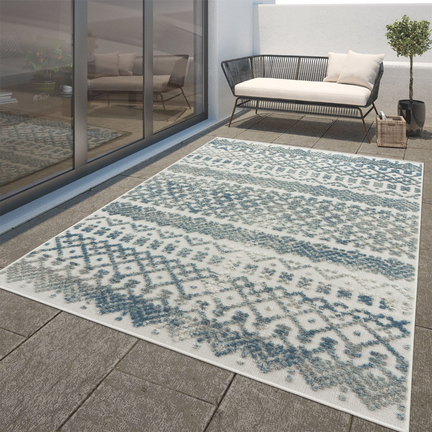 In- & Outdoor Rug Marrakesh High/Low Effect Trellis in Turquoise Cream-0