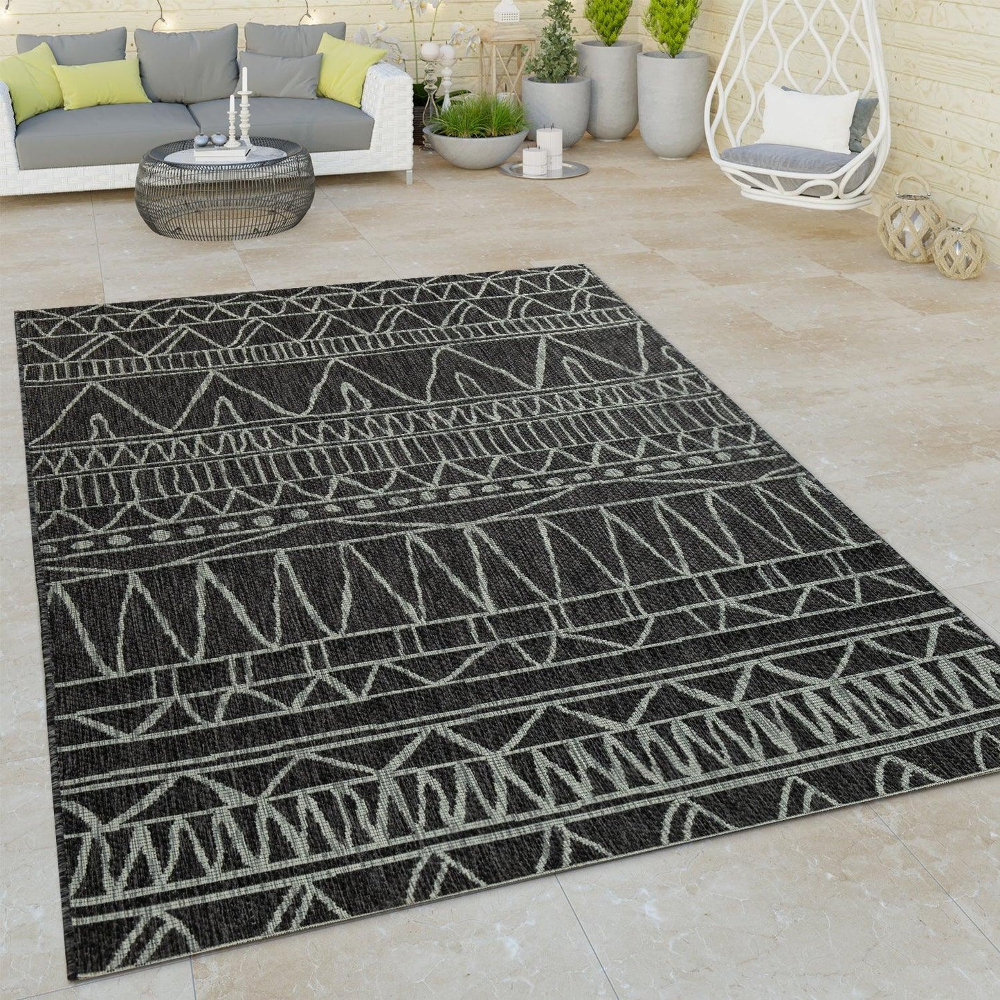 Outdoor Rug Illusion Modern Ethnic Pattern - Black Grey-1