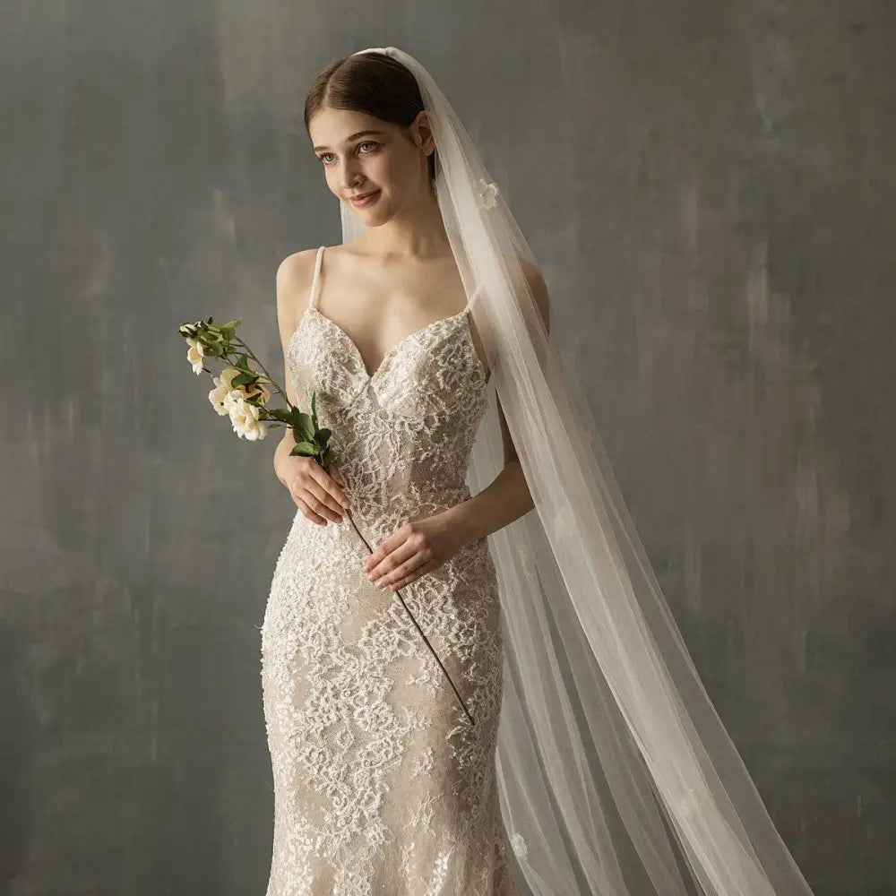 Ivory Lace Bridal Church Wedding Pearl Long Tail Gown