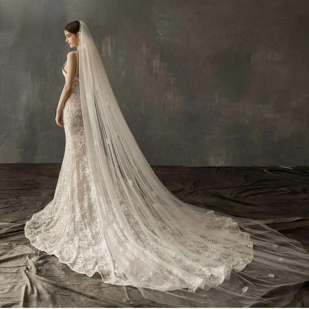 Ivory Lace Bridal Church Wedding Pearl Long Tail Gown