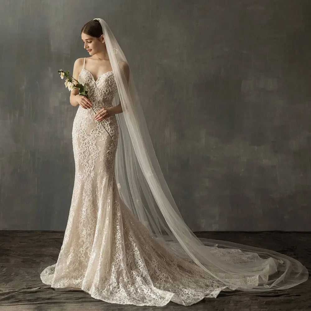 Ivory Lace Bridal Church Wedding Pearl Long Tail Gown