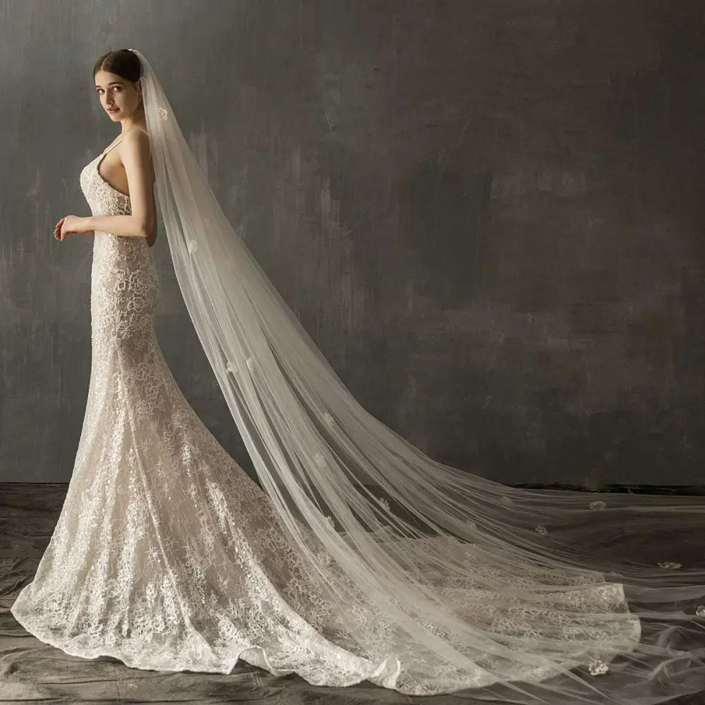 Ivory Lace Bridal Church Wedding Pearl Long Tail Gown