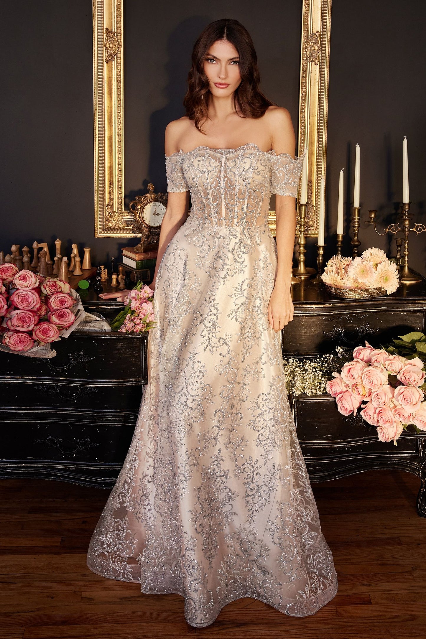 Emerald Green, Dusty Rose, Steel Blue Off-Shoulder Embroidered Glitter Gown  CDJ835